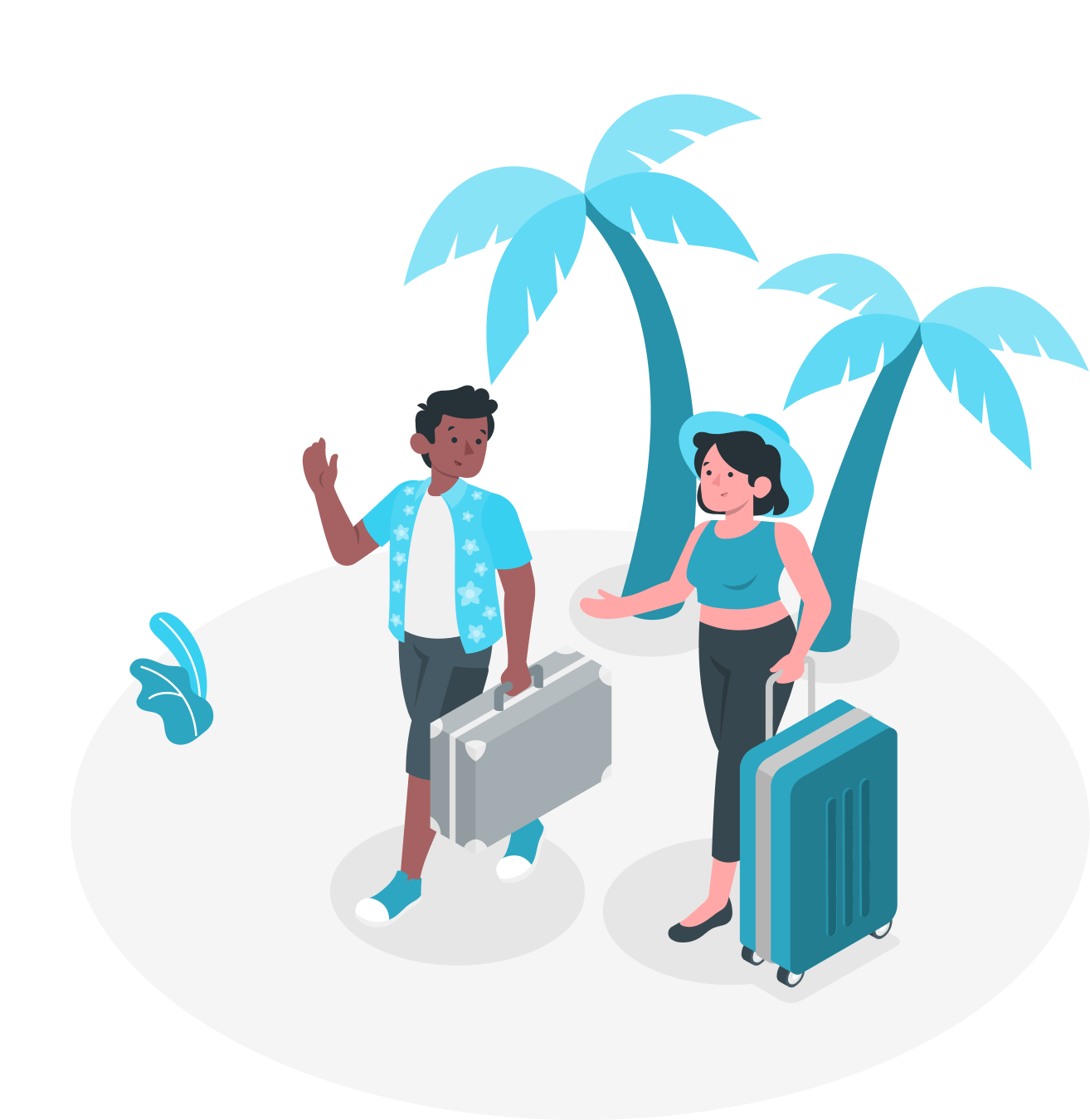 Two travelers with luggage under palm trees